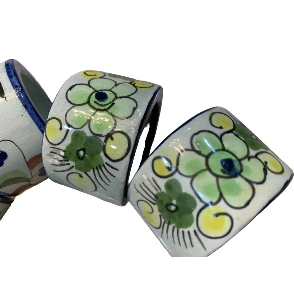 Set of 4 Made in Mexico Tonala Green Floral Hand Painted Napkin Rings